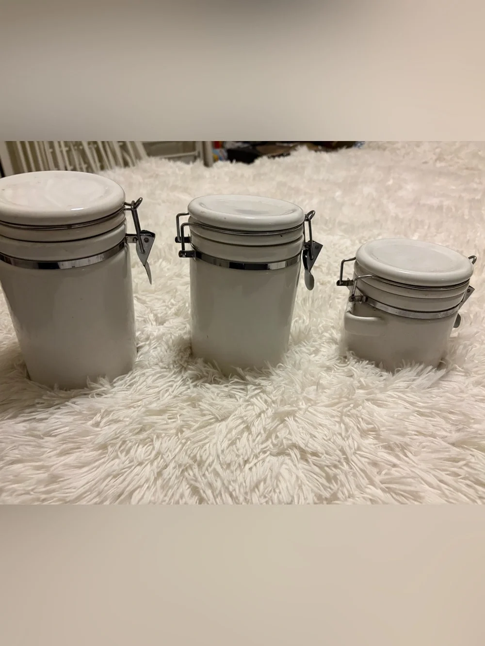 White Ceramic Airtight Canister with Metal Clamp Lid - Set of 3
